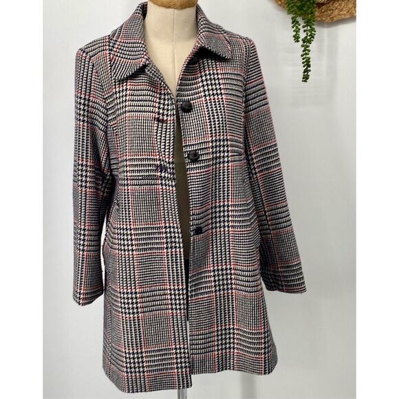 Tommy Hilfiger Classics 12 Wool Blend Houndtooth Plaid Coat Navy Red Cream Pocke - Picture 4 of 16